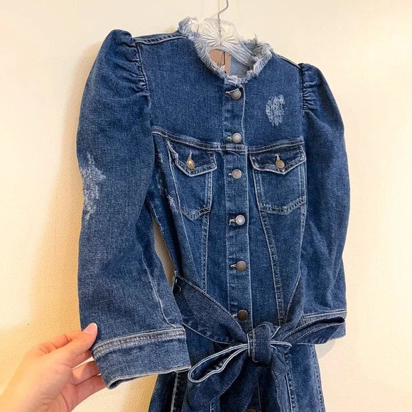 Retrofete Jaime Denim Button Down Quarter Sleeve Tie Waist Distressed Mini Dress - Picture 4 of 12